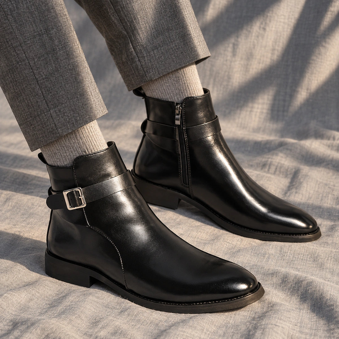 Julian Leather Buckle Strap Ankle Boots - Black