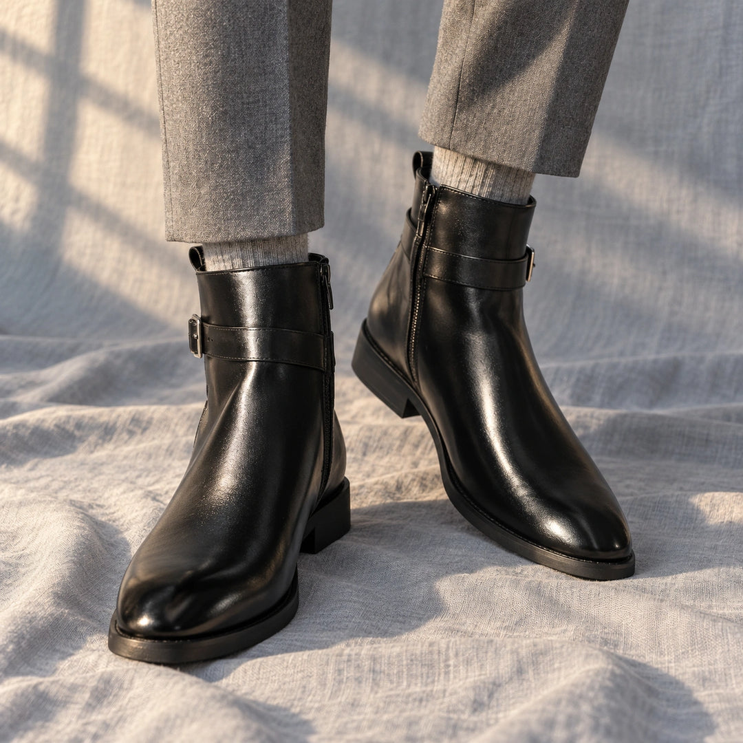 Julian Leather Buckle Strap Ankle Boots - Black