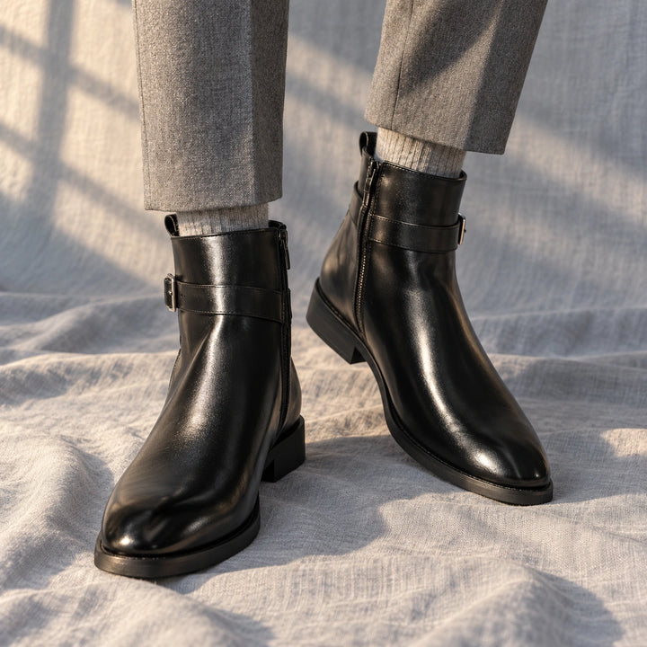 Julian Leather Buckle Strap Ankle Boots - Black