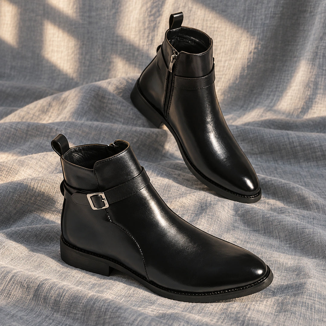 Julian Leather Buckle Strap Ankle Boots - Black