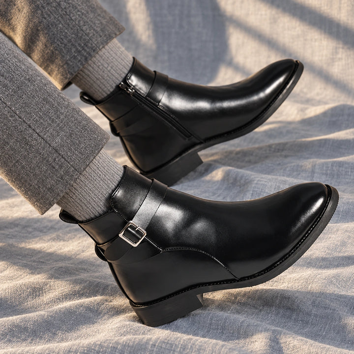 Julian Leather Buckle Strap Ankle Boots - Black