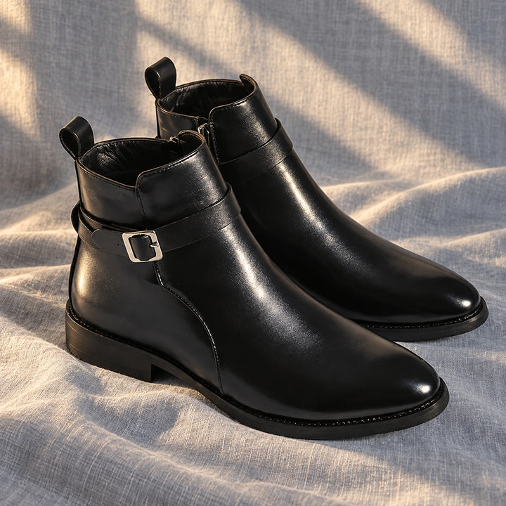Julian Leather Buckle Strap Ankle Boots - Black