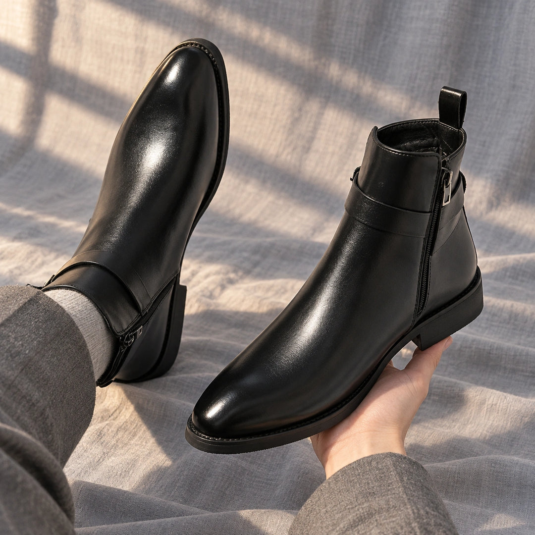 Julian Leather Buckle Strap Ankle Boots - Black