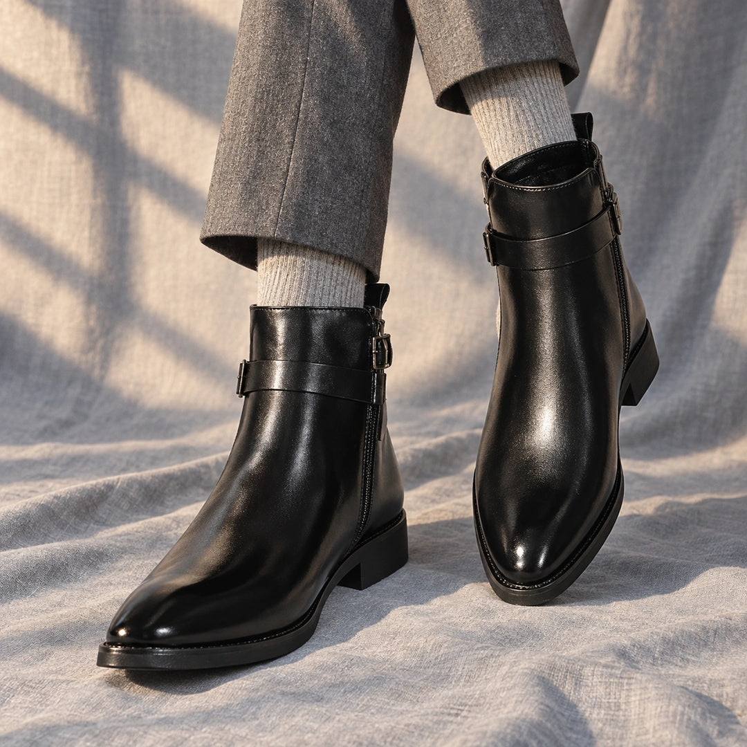 Julian Leather Buckle Strap Ankle Boots - Black