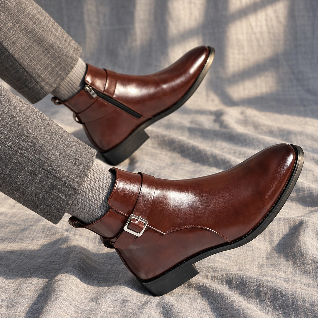 Julian Leather Buckle Strap Ankle Boots - Brown