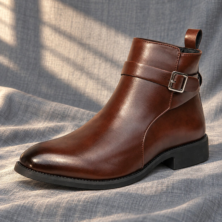 Julian Leather Buckle Strap Ankle Boots - Brown