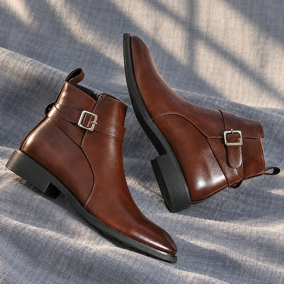 Julian Leather Buckle Strap Ankle Boots - Brown