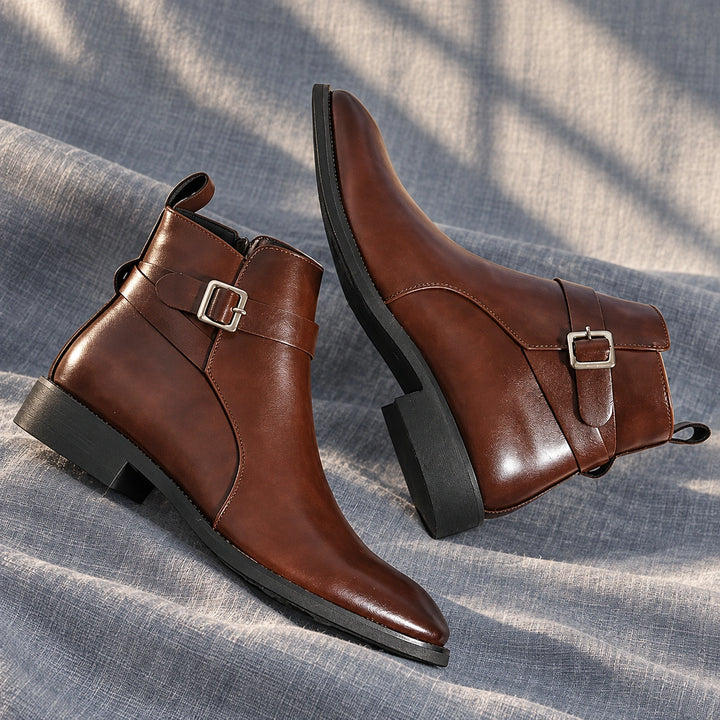 Julian Leather Buckle Strap Ankle Boots - Brown
