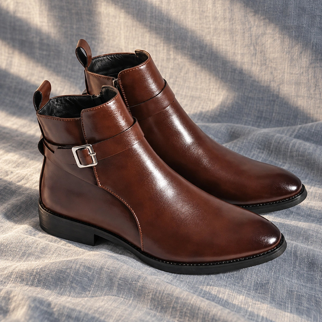 Julian Leather Buckle Strap Ankle Boots - Brown