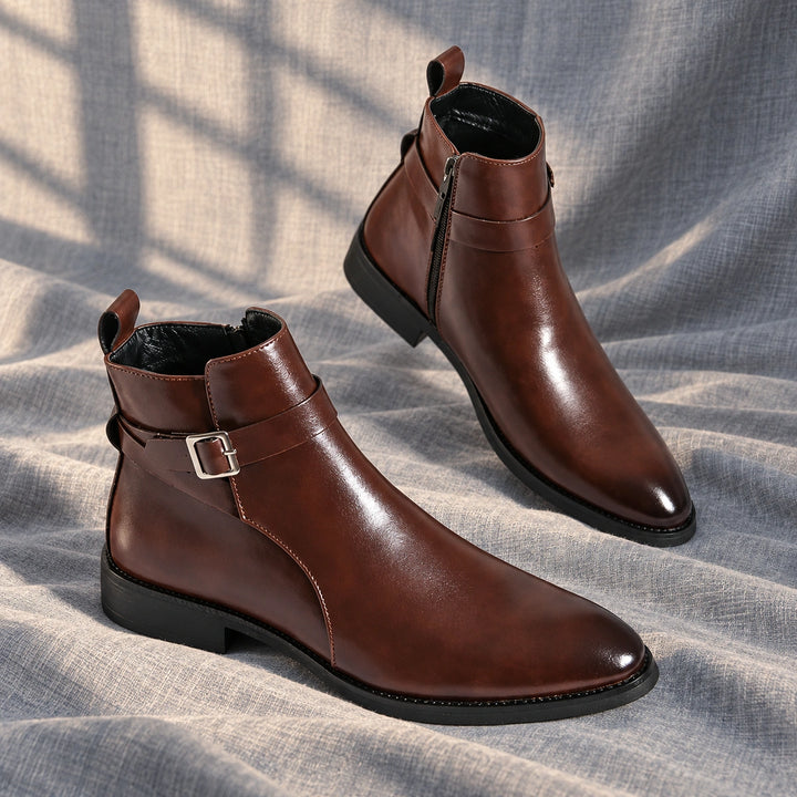 Julian Leather Buckle Strap Ankle Boots - Brown