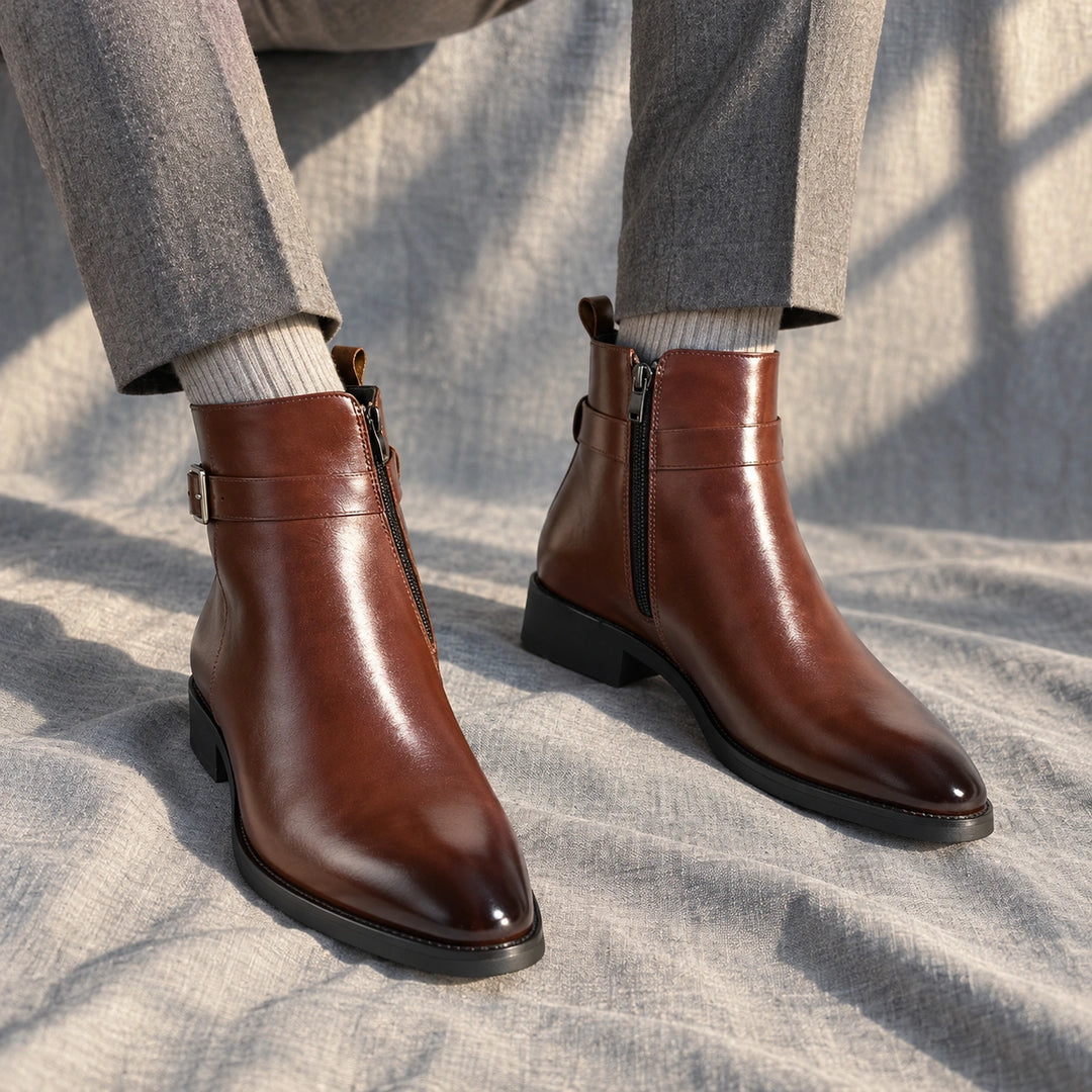 Julian Leather Buckle Strap Ankle Boots - Brown