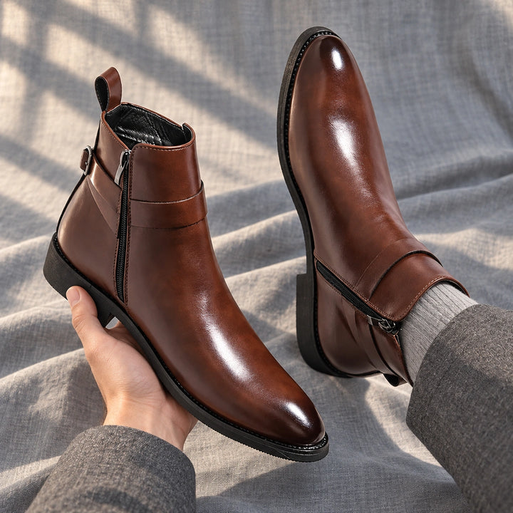 Julian Leather Buckle Strap Ankle Boots - Brown