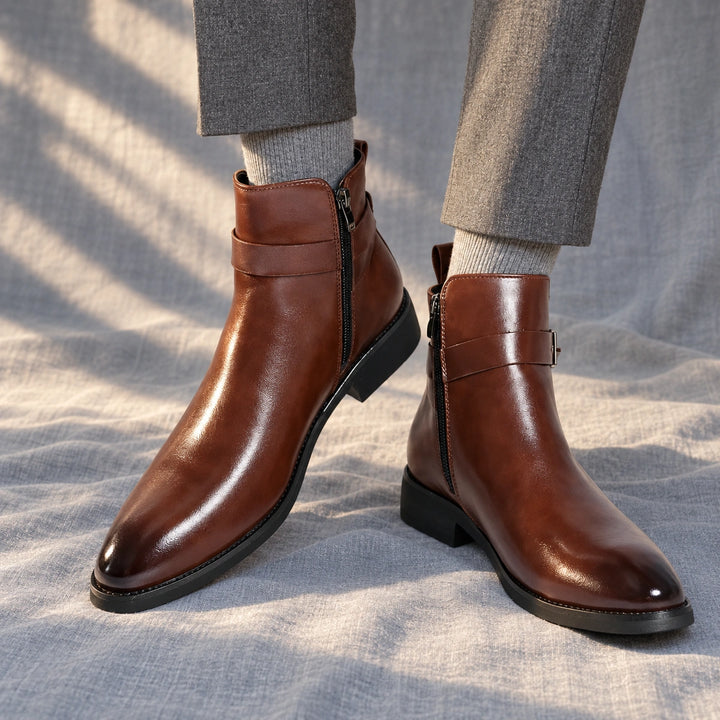 Julian Leather Buckle Strap Ankle Boots - Brown