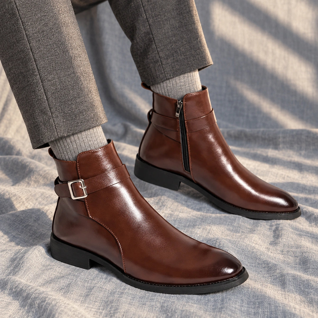 Julian Leather Buckle Strap Ankle Boots - Brown
