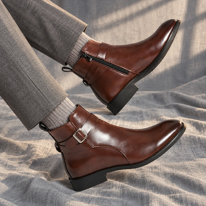Julian Leather Buckle Strap Ankle Boots - Brown