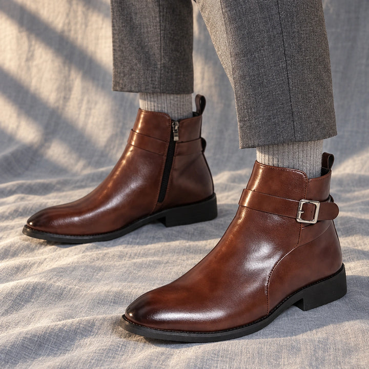 Julian Leather Buckle Strap Ankle Boots - Brown
