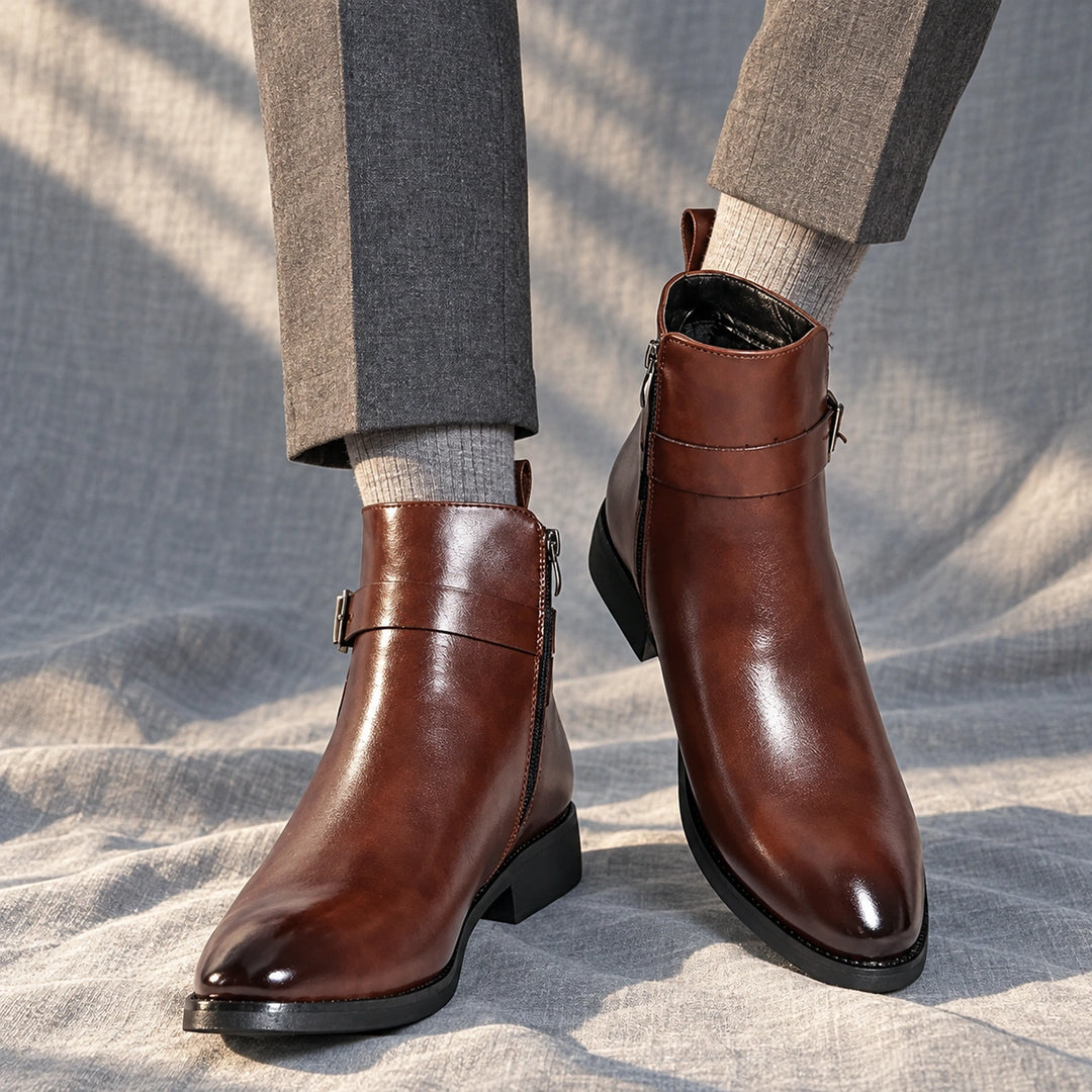 Julian Leather Buckle Strap Ankle Boots - Brown