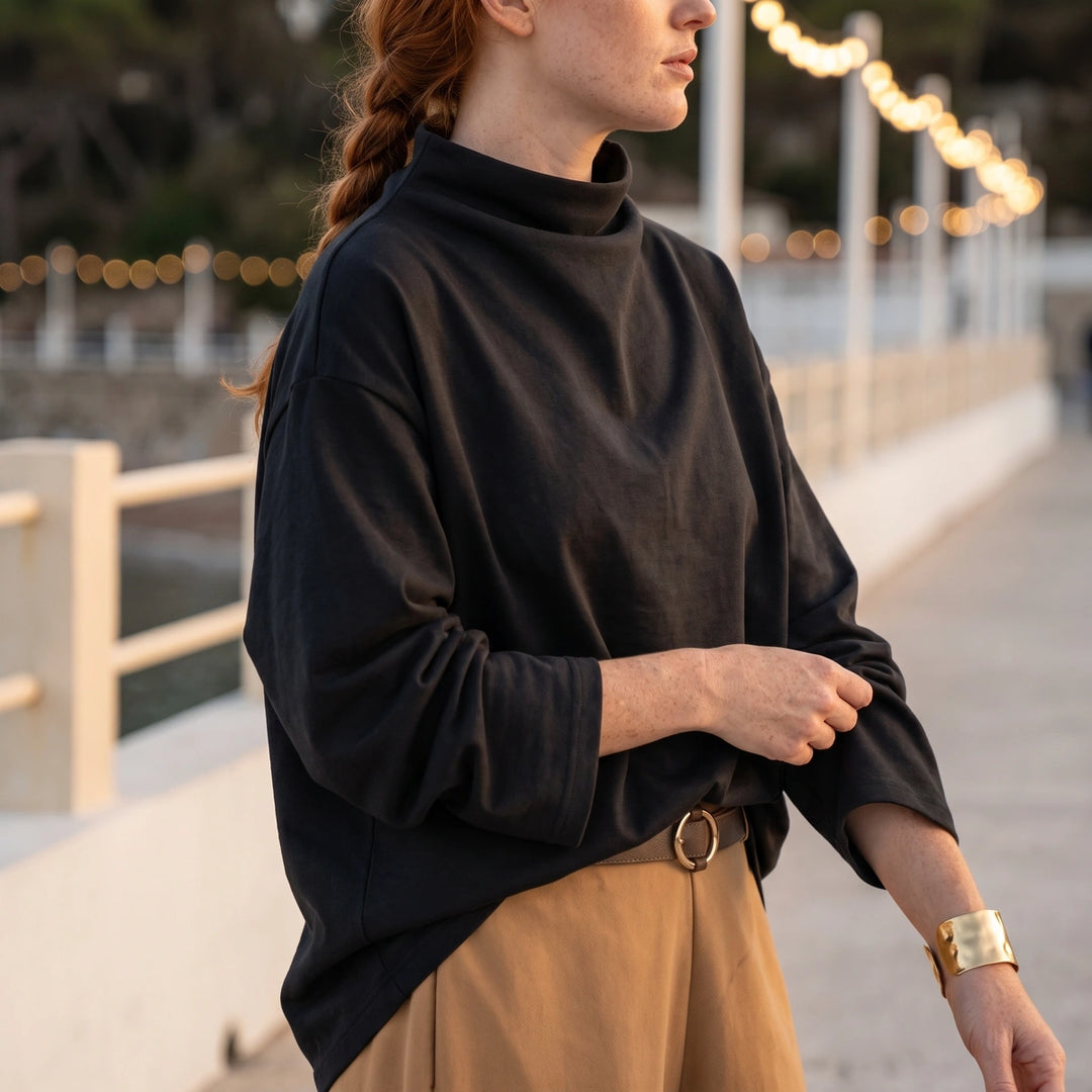 Juliet Draped High Neck Long Sleeve Top - Black