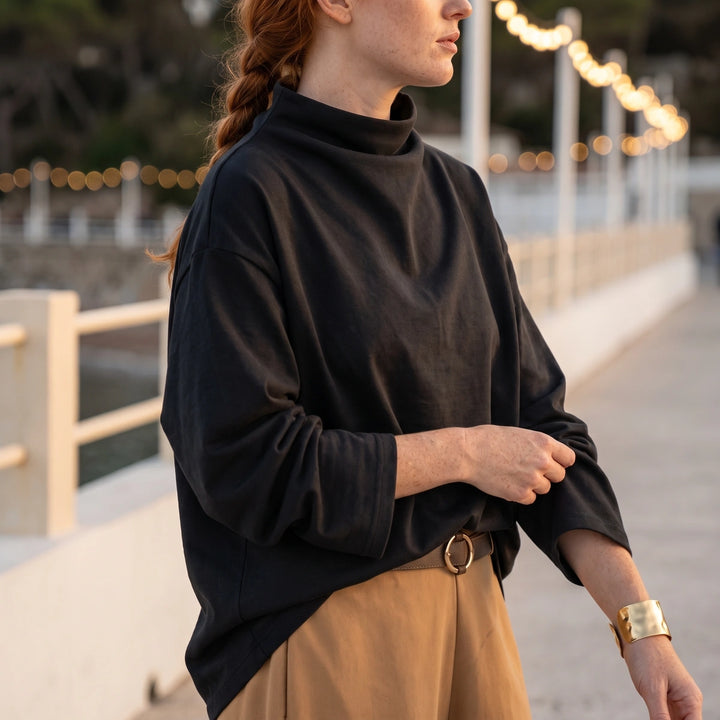Juliet Draped High Neck Long Sleeve Top - Black