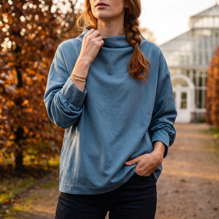 Juliet Draped High Neck Long Sleeve Top - Blue