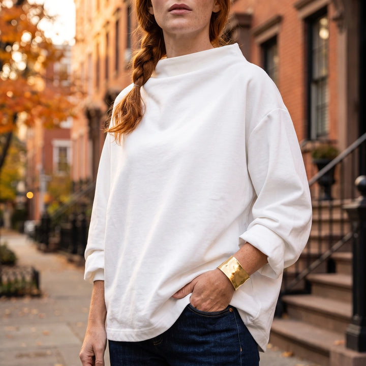 Juliet Draped High Neck Long Sleeve Top - White
