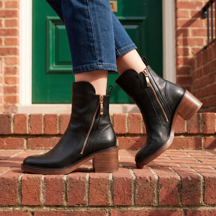 Katarina Leather Front Zip Stacked Heel Ankle Boots - Black