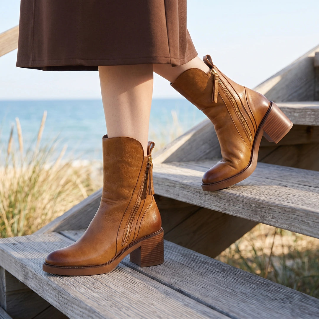 Katarina Leather Front Zip Stacked Heel Ankle Boots - Brown