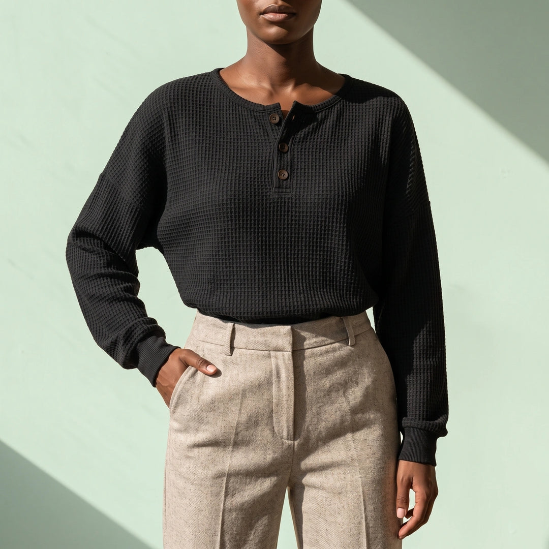 Katya Relaxed Waffle Knit Henley Top - Black