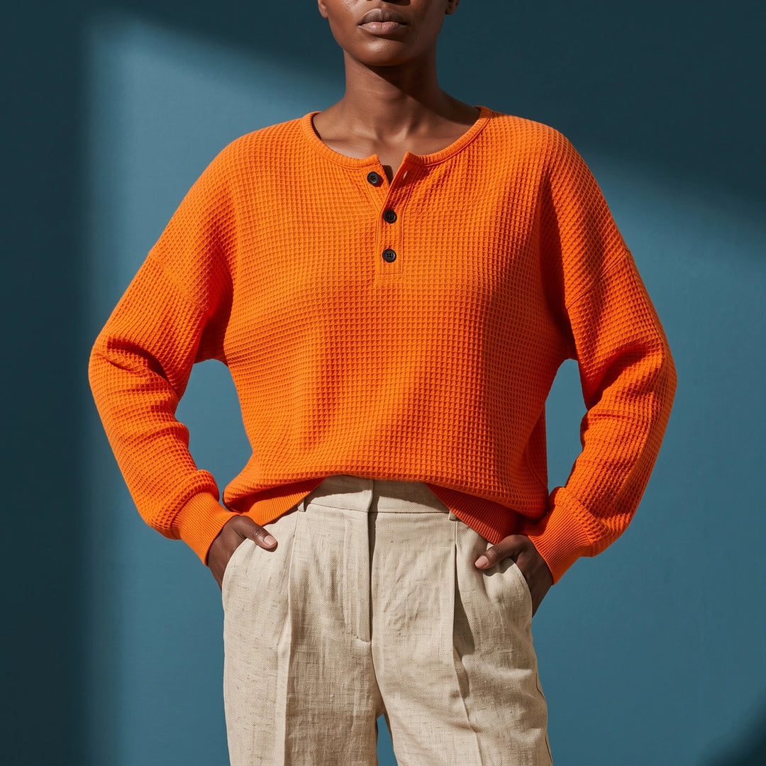Katya Relaxed Waffle Knit Henley Top - Orange