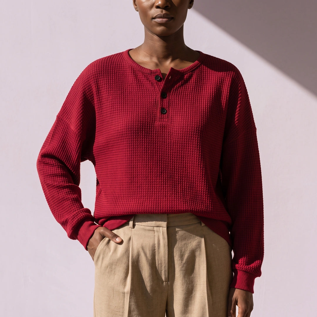 Katya Relaxed Waffle Knit Henley Top - Red