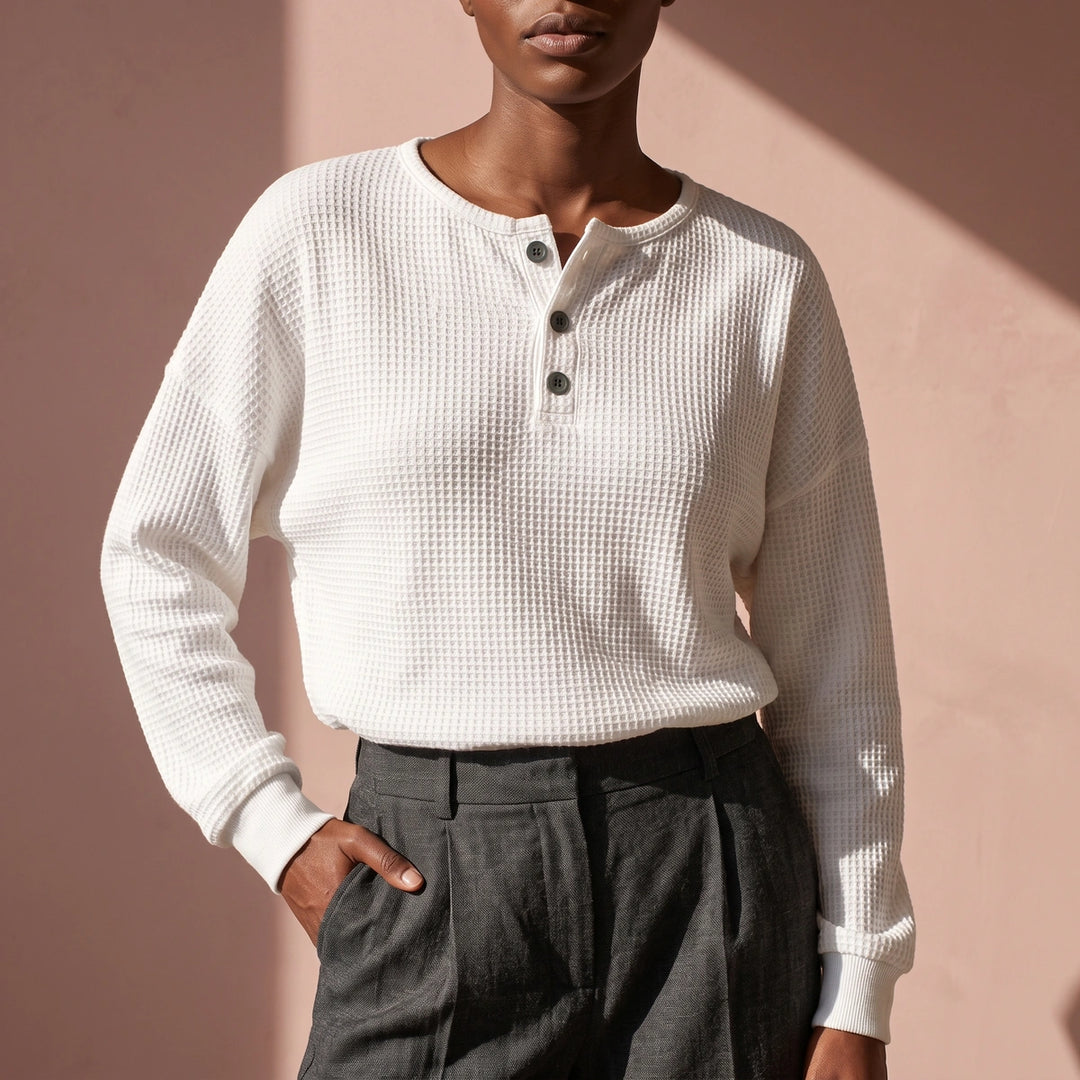 Katya Relaxed Waffle Knit Henley Top - White