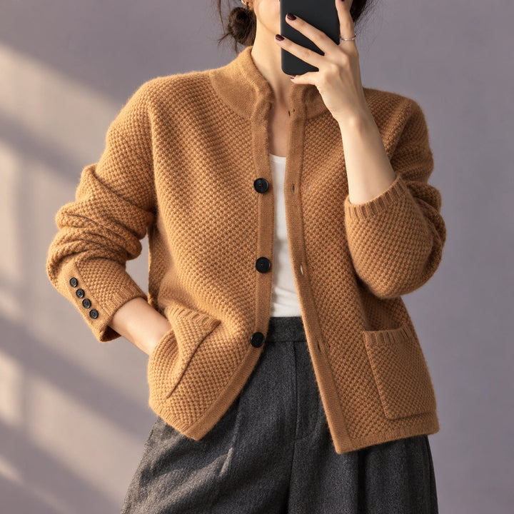 Kayla Waffle Texture Stand Collar Cardigan - Camel