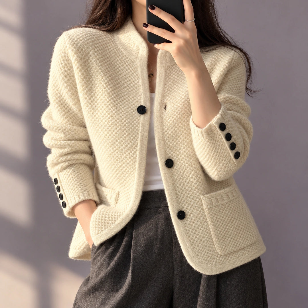 Kayla Waffle Texture Stand Collar Cardigan - Off White