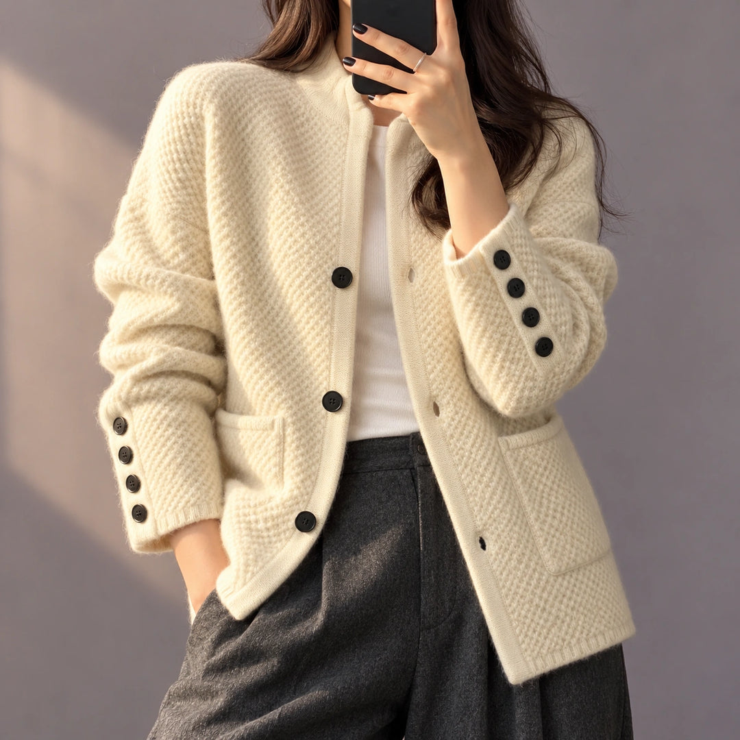 Kayla Waffle Texture Stand Collar Cardigan - Off White