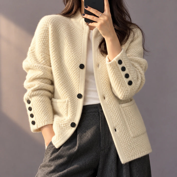 Kayla Waffle Texture Stand Collar Cardigan - Off White