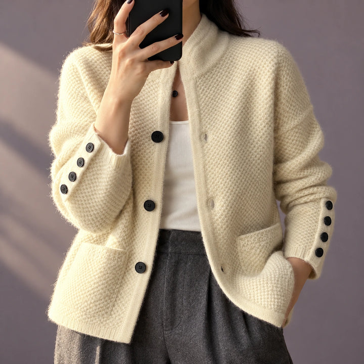 Kayla Waffle Texture Stand Collar Cardigan - Off White