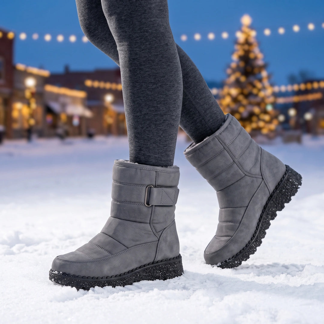 Kirsten Quilted Strap Wedge Sole Snow Boots - Gray