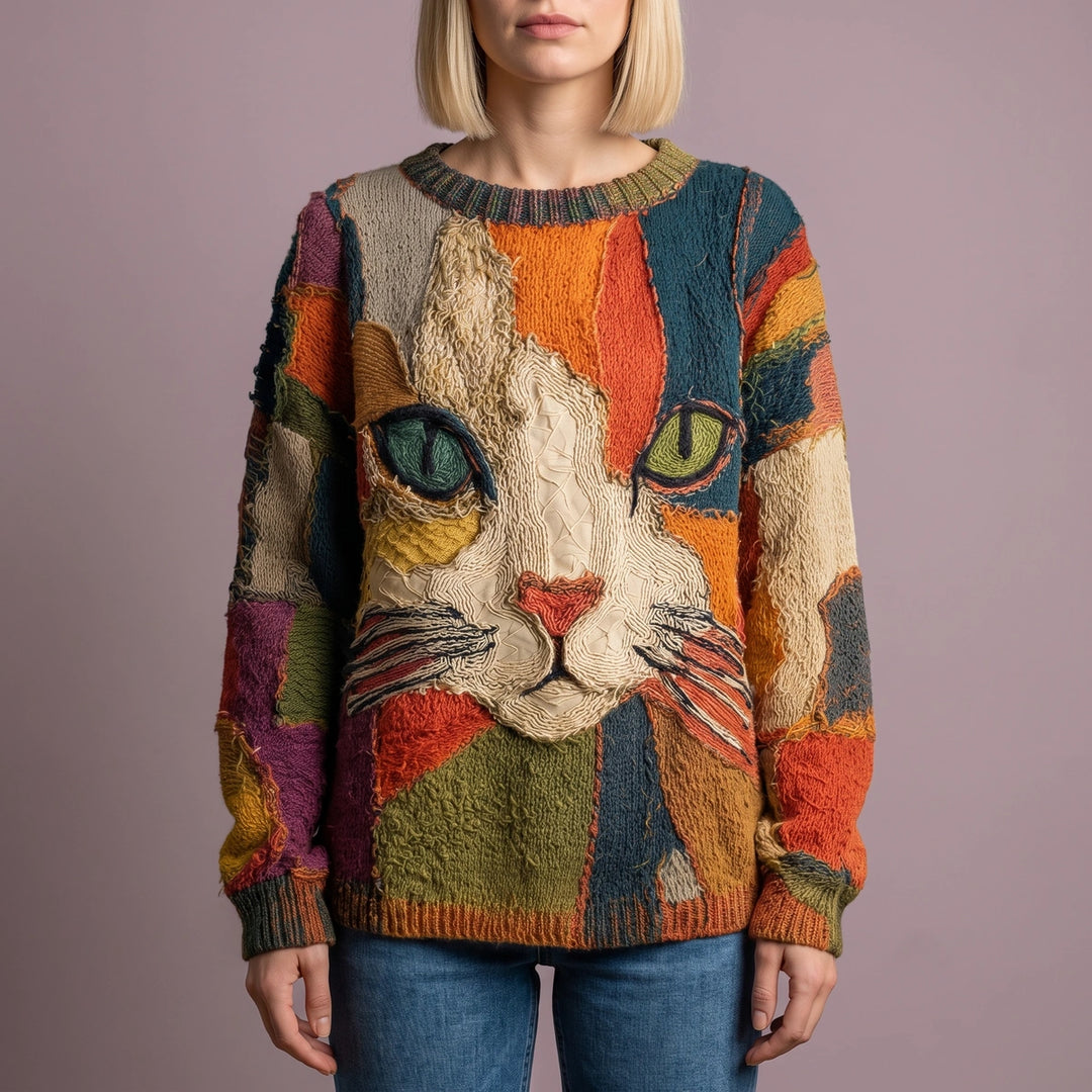 Klara Cat Motif Wool Blend Crew Neck Sweater - Multi-Color