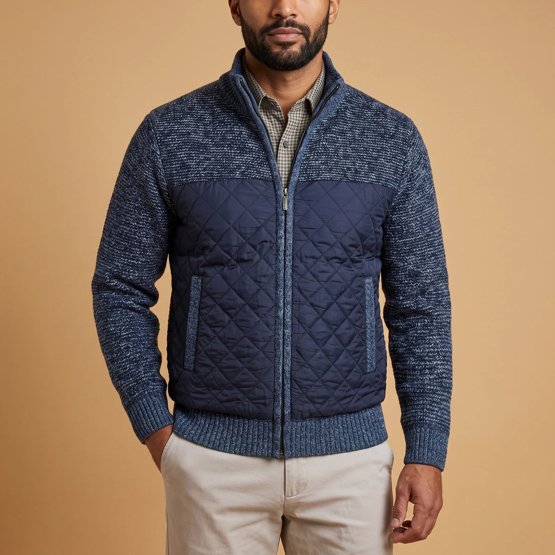 Konrad Wool Knit Sleeve Quilted Zip Jacket - Blue