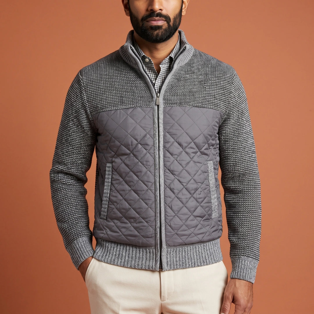Konrad Wool Knit Sleeve Quilted Zip Jacket - Gray