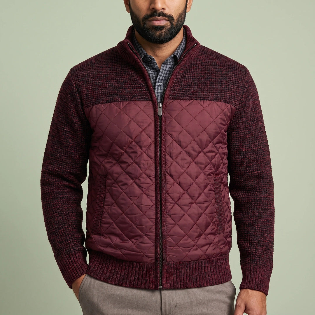 Konrad Wool Knit Sleeve Quilted Zip Jacket - Wine