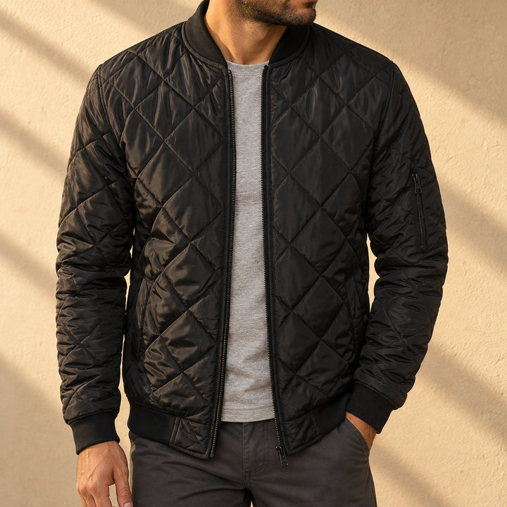Lance Diamond Quilted Zip Pocket Bomber Jacket - Black