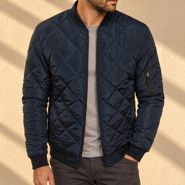 Lance Diamond Quilted Zip Pocket Bomber Jacket - Navy Blue