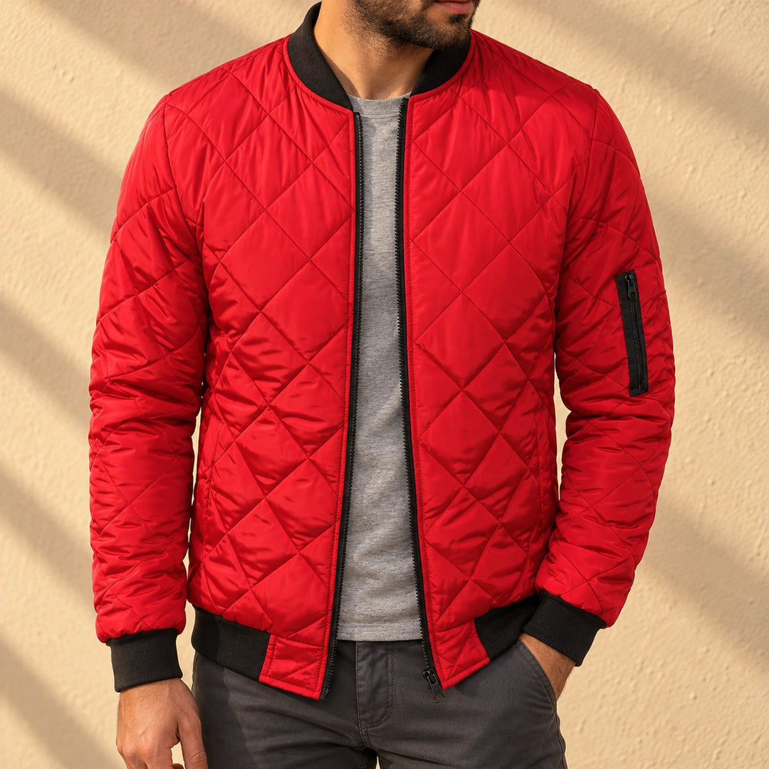 Lance Diamond Quilted Zip Pocket Bomber Jacket - Red