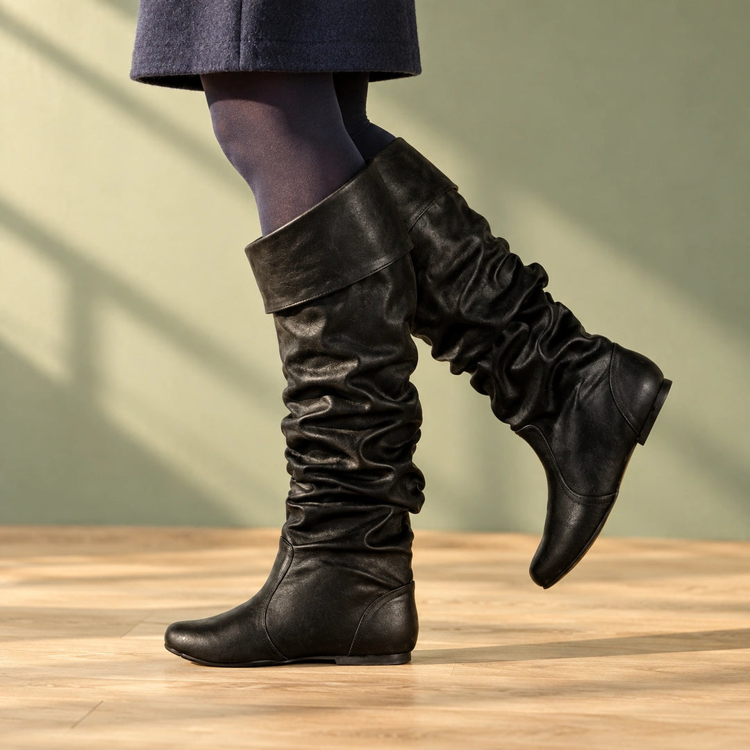 Laura Vegan Leather Slouchy Flat Knee Boots - Black