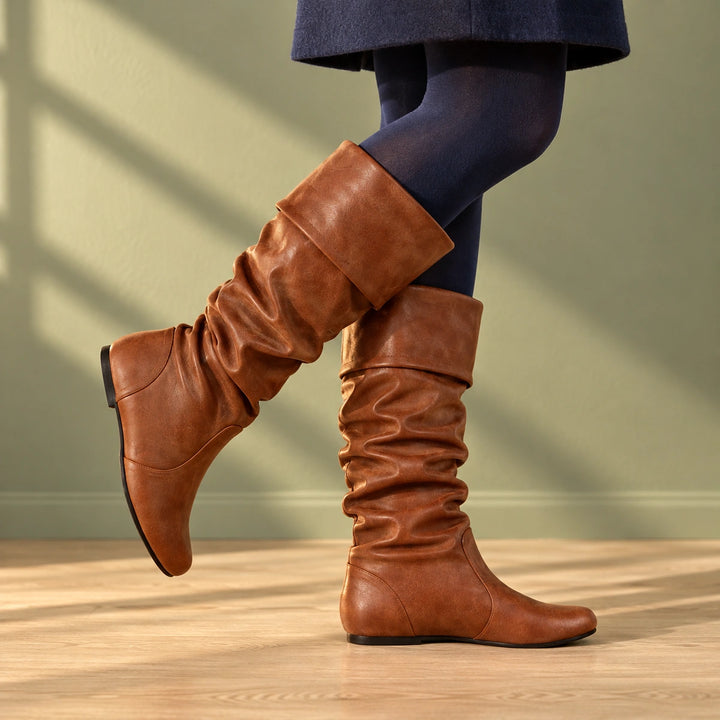 Laura Vegan Leather Slouchy Flat Knee Boots - Brown
