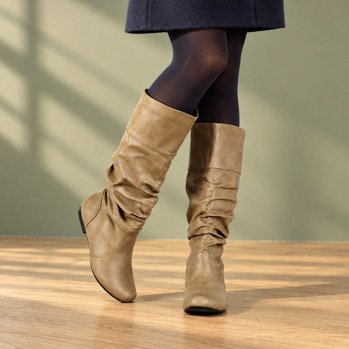 Laura Vegan Leather Slouchy Flat Knee Boots - Khaki