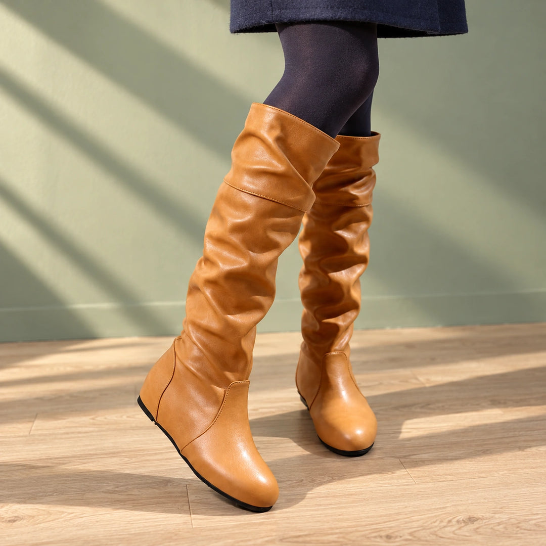 Laura Vegan Leather Slouchy Flat Knee Boots - Light Brown