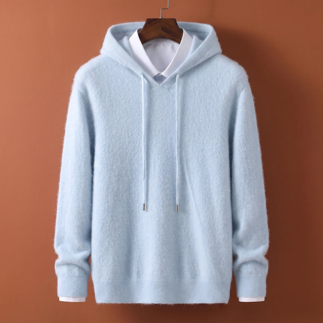 Leopold Fuzzy Cashmere V Neck Hooded Sweater - Blue