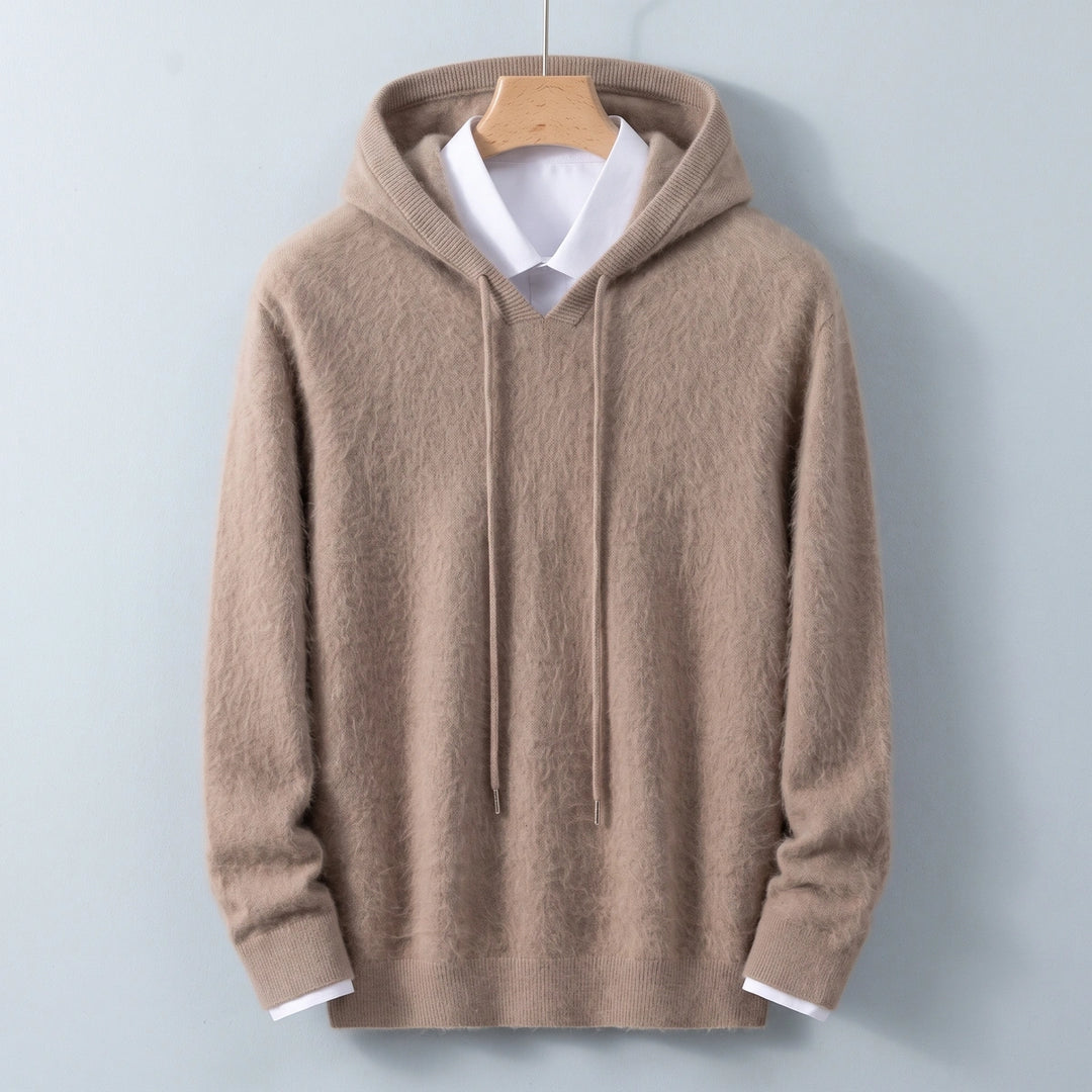 Leopold Fuzzy Cashmere V Neck Hooded Sweater - Brown